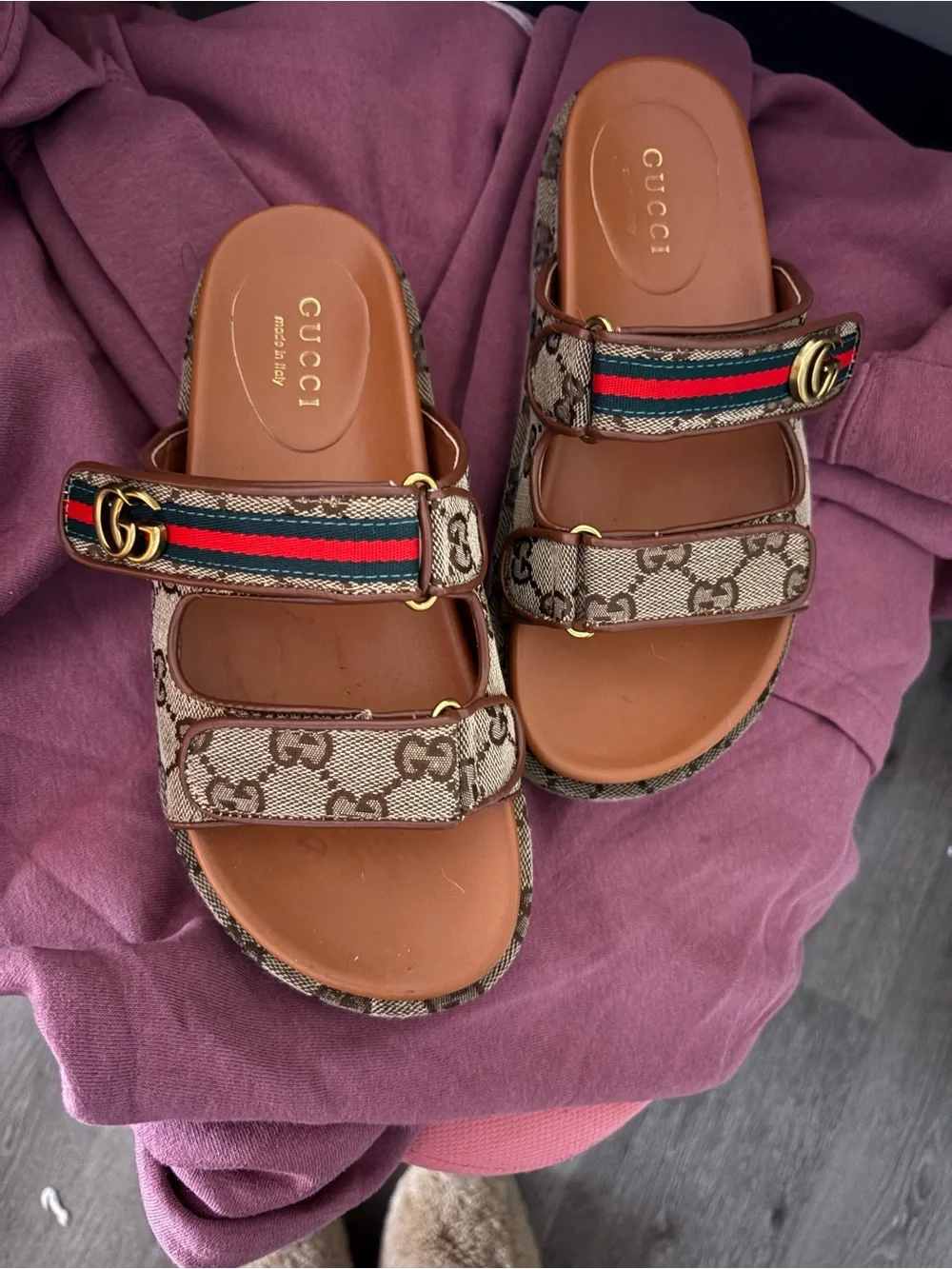 Tan GG Canvas Double-Strap Slides with Green-Red Web